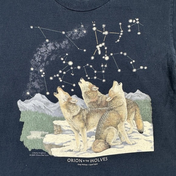 Vtg 90s Orion And The Wolves T Shirt Men's Medium Blue Wolf‎ Nature Stars - Picture 2 of 16